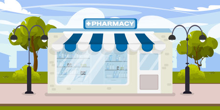 Vector illustration of a pharmacy on the background of a big city in cartoon style. Lanterns illuminate the street around, trees grow behind. Sale of medicines. Medicine, treatment of people.のイラスト素材
