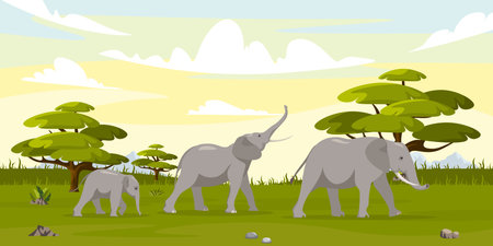 Vector illustration of a flock of elephants in cartoon style. Large animals walk on the steps and forests of the savannah. Wildlife of Africa.のイラスト素材
