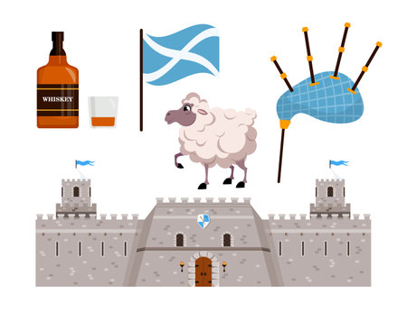 Vector illustration of a set of national items of Scotland cartoon style. Castle, sheep, volinka, whiskey and ensign isolated on white background. Scotland and its traditions.のイラスト素材