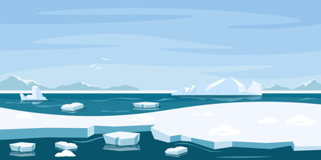 Vector illustration of a beautiful arctic landscape. Cartoon scene of a beautiful winter arctic landscape with the sky and birds, snowy mountains, icebergs, glaciers, sea. Antarctica. Polar circle.のイラスト素材