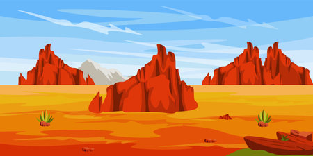 Vector illustration of a beautiful safari landscape. Cartoon scene with a wonderful summer desert landscape with sky, mountains, rocks, green trees, grass, sand, pebbles. African landscape.のイラスト素材