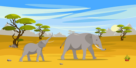 Vector illustration of African landscape. Cartoon scene of a summer desert landscape with an elephant and a baby elephant, a kangaroo with a baby kangaroo, trees, rocks, sand, a river and grass.のイラスト素材