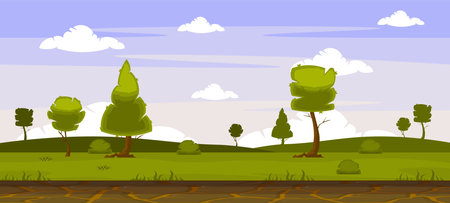 Vector illustration of a beautiful rural landscape. Cartoon scene of a wonderful landscape with sky and clouds, green meadows, trees, bushes, grass and cracked earth. Landscape for the game.のイラスト素材