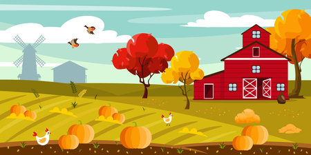 Vector illustration of a beautiful rural landscape with a farm. Autumn landscape with farmhouse, colorful trees, flower beds, with ears of corn, pumpkins, chickens, birds, mill silhouettes.のイラスト素材