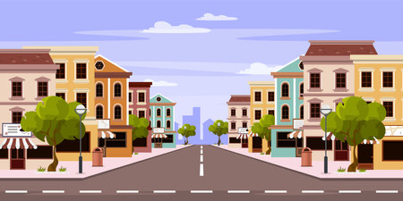 Vector illustration of a road with an intersection. Cartoon scene of a cityscape with colorful houses, shops, trees, lampposts, garbage cans, silhouettes of buildings on the horizon and a road.のイラスト素材