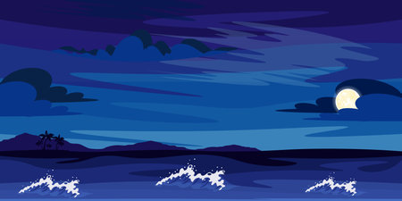 Vector illustration of a beautiful night landscape with the sea. Cartoon landscape scene with blue sea, waves, clouds, bright moon, horizon, with palm trees and mountains.のイラスト素材
