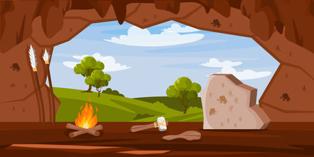 Vector illustration of a view from a cave of primitive people. Cartoon scene of the dwelling of primitive people with a bonfire, a stone ax, a wooden stick with stone drawings on the walls and nature.のイラスト素材