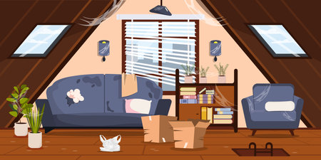 Vector illustration of a neglected, dirty attic room. Cartoon scene of a cluttered attic with an old sofa with stains, an armchair, a bookcase, vases with dust, cobwebs, boxes, a package.のイラスト素材
