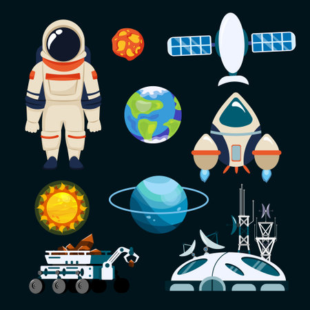 Set of beautiful space elements in cartoon style. Vector illustration of space: astronaut, asteroid, satellite, sun, planet Earth, rocket, space station, rover isolated on dark green background.のイラスト素材