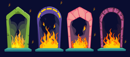 Set of colored portal arches in a cartoon style. Vector illustration of beautiful portals to hell of various shapes with tongues of orange-red flames isolated on dark blue background.のイラスト素材
