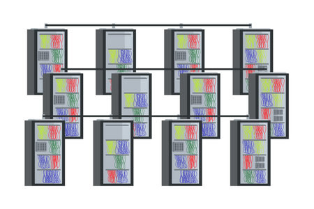 Vector illustration of datacenter server cloud computing front view in cartoon style. Electrical...
