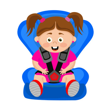 Vector illustration of a beautiful child seat. Safety belt. Cartoon the character of a happy child in a car seat.のイラスト素材