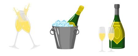 Set of delicious champagne in cartoon style. Vector illustration of alcohol in bottles, glass, ice on white background.のイラスト素材