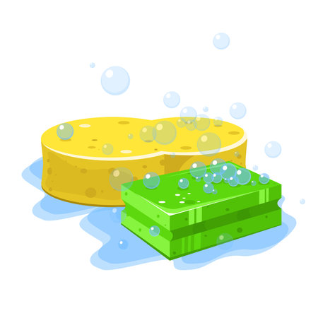 Vector illustration of beautiful soap sponges. Home cleaning equipment, large and small sponges for washing dishes, floors in cartoon style.のイラスト素材