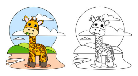 Vector illustration of children's coloring book or page on white background. Funny giraffe characters eat leaves for a design poster, print, greeting card, label, patch or sticker in a cartoon.のイラスト素材