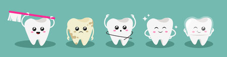 Set of teeth characters in cartoon style. Vector illustration of teeth with brush, covered with plaque, cleaned on green background.のイラスト素材