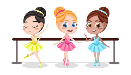 Vector illustration of cute and beautiful ballerinas and gymnasts on white background. Charming fabulous characters in different poses stand near the ballet barre in cartoon style.のイラスト素材