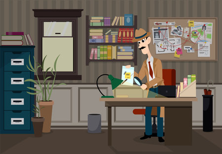 Vector illustration of a detective in a police office. Detective cartoon character looking for evidence. Investigator's room with desk, wardrobe, bookshelf, detective board with notes and map.のイラスト素材