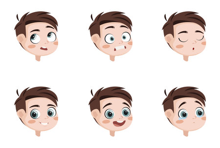 Set of different boy emotions in cartoon style. Vector illustration of different boy facial expressions: thoughtful, angry, sleepy, happy, smiling, crying, isolated on white background.のイラスト素材