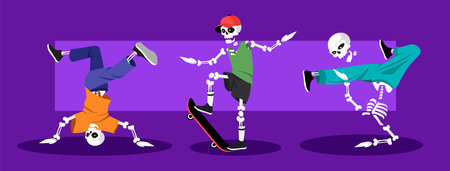 Vector illustration of cute and beautiful dancing modern dance skeletons on a purple background. Charming characters of skeletons dance in the style of: break-dance, hip-hop, house in a cartoon style.のイラスト素材