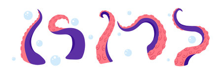 Vector illustration of a cute and beautiful octopus tentacle isolated on white background. Charming characters of curved octopus tentacles and bubbles in cartoon style.のイラスト素材