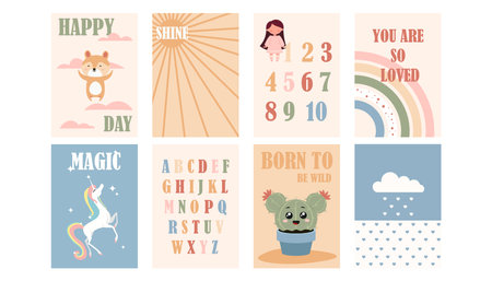Set of childrens posters in cartoon style. Vector illustration of colorful posters with different inscriptions and designs: fox, sun, numbers, rainbow, unicorn, alphabet, cactus, cloud on white.のイラスト素材