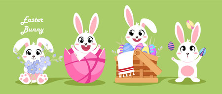 Set of cute Easter bunnies on a green background. Color vector illustration: Easter bunny with flowers, bunny looking out of an egg, in a basket with Easter eggs in cartoon style.のイラスト素材