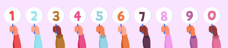 Vector illustration of hands holding number plates. Cartoon scene of light-skinned and tanned, dark-skinned hands holding round tablets with colored numbers from 0 to 9 isolated on a pink background.のイラスト素材