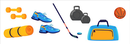 Set of sports equipment in cartoon style. Vector illustration of sports equipment: dumbbells, mat, sneakers, hockey stick and puck, kettlebells, basketball, sports bag isolated on white background.のイラスト素材