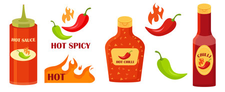 Set of hot chili sauces in cartoon style.Vector illustration of hot sauces in bottles of different shapes, green and red chili peppers,lights and inscriptions: hot spicy isolated on white background.のイラスト素材