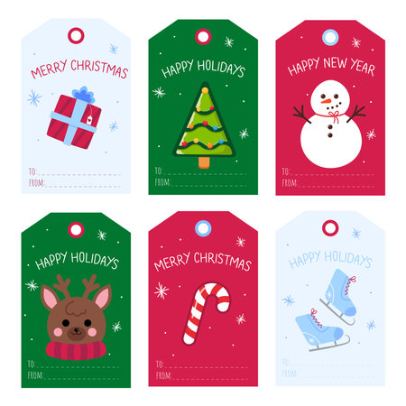 Set of gift tags in a cartoon style.Vector illustration of Christmas tags with a gift,a tree,a snowman,a deer,a candy cane,skates, inscriptions: Merry Christmas, Happy holidays, Happy New year.のイラスト素材