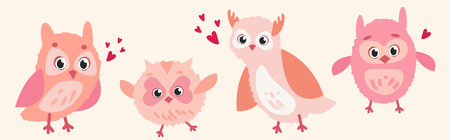 Vector illustration of cute owls. Cartoon scene of beautiful night birds with huge eyes in pastel shades of owls, in different poses and emotions with hearts isolated on light beige background.のイラスト素材