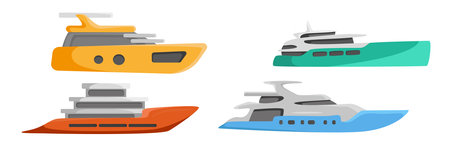 Set of colorful yachts in cartoon style. Vector illustration of sea transport for the resort and recreation at sea on white background.のイラスト素材