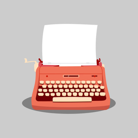 Vector illustration of a beautiful vintage typewriter. Cartoon scene of a light red typewriter equipped with a set of keys with a white sheet of paper isolated on a gray background.のイラスト素材