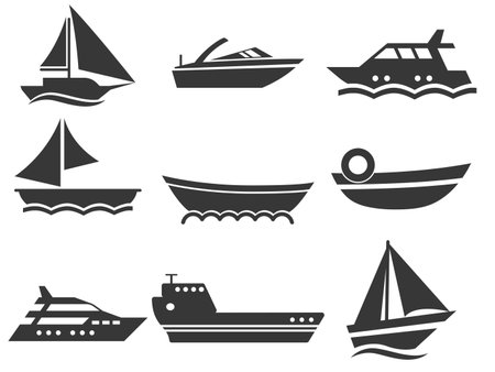 Set of beautiful dark marine transport icons in cartoon style. Vector illustration of various: sailboat, motor boat, yacht, cruise liner, ship, lifeboat, sea waves isolated on white background.のイラスト素材