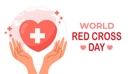 Vector illustration of World Red Cross Day. Cartoon scene of heart with cross, planet, hands isolated on white background. Assistance to prisoners of war, wounded, sick, victims of natural disasters.のイラスト素材