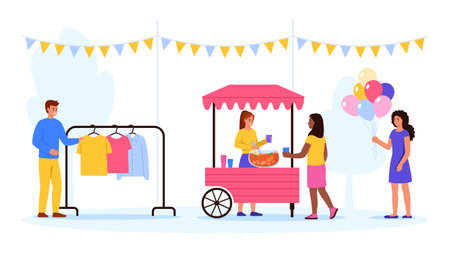 Vector illustration of a fair. Cartoon scene of fair with garlands, boy and girl selling: hangers with different clothes, drink with ice cubes, mint leaves, colored balls isolated on white background.のイラスト素材