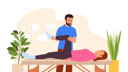 Vector illustration of an osteopath doctor. Cartoon scene of a girl lying on a couch, an osteopath checking muscle mobility, plants in pots, certificates on the wall isolated on a white background.のイラスト素材