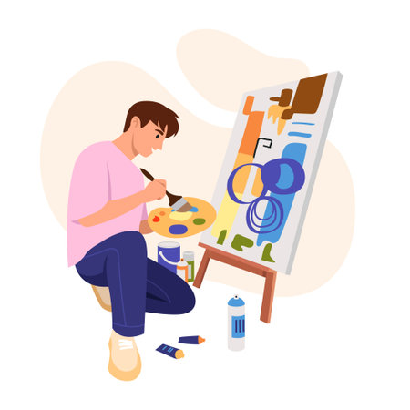 Vector illustration of a talented artist. Cartoon scene artist paints creative abstraction on canvas, easel, palette with bright colors, brush, tubes of paints, spray can isolated on white background.のイラスト素材