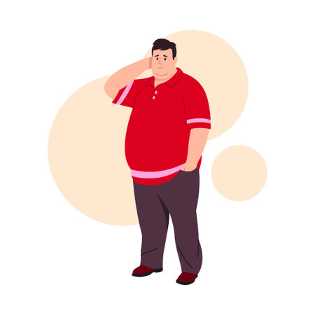 Vector illustration of a chubby man isolated on white background. Cartoon scene of a sad overweight man with a double chin and a big belly, wearing a red t-shirt with pink stripes, and dark pants.のイラスト素材