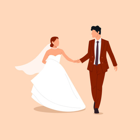 Vector illustration of happy bride. Cartoon scene of bride and groom in love holding hands isolated on beige background. Bride in a white wedding dress, veil, pearl necklace, earrings.Groom in a suit.のイラスト素材