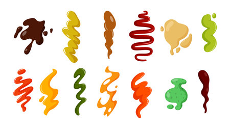 Set of colored spots, splashes in cartoon style. Vector illustration of beautiful splashes from food, sauces, drinks of different shapes and sizes isolated on white background. Spilled bright liquids.のイラスト素材