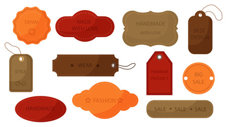 Set of leather tags and labels in cartoon style. Vector illustration of tags of different shapes and sizes with the words: made with love, handmade, denim, best design, big sale, style, fashion, wear.のイラスト素材