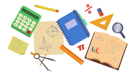 Vector illustration of educational supplies, taking notes on geometry. Cartoon scene of notebooks, open notebook with geometric notes, various stationery: rulers, compass, calculator, eraser, pencil.のイラスト素材