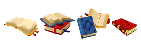 Vector illustration of beautiful vintage books. Cartoon scene of old colored books, covered with patterns, bookmarks, decorated with precious stones isolated on white background.Open and closed books.のイラスト素材