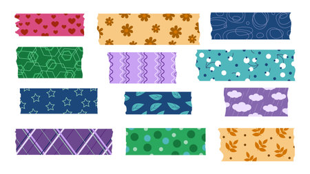 Set of beautiful paper decorative tape in cartoon style. Vector illustration of paper tapes with different patterns, ornaments: hearts, flowers, berries, leaves, stars, diamonds, clouds, dots.のイラスト素材
