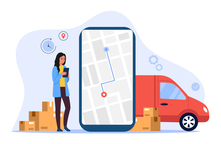 Vector illustration of cargo transportation.Cartoon scene of a girl holding a tablet,a smartphone with an image of a point from one city to the destination,a parcel will be delivered, cardboard boxes.のイラスト素材