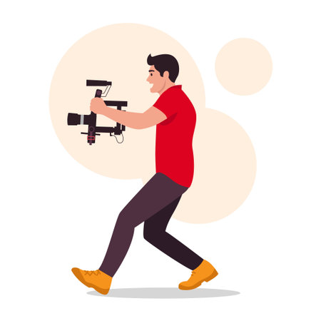 Vector illustration of a talented videographer.Cartoon scene of a guy holding a video camera and...
