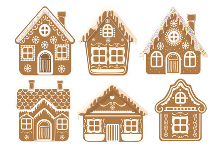 Set of sweet gingerbread houses in cartoon style. Vector illustration of delicious gingerbread houses with protein icing: snowflakes, hearts, dots, wavy lines, and decorated with colored sprinkles.のイラスト素材