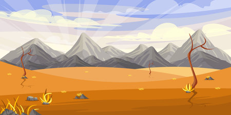 Vector illustration of a beautiful desert landscape with mountains. Cartoon daytime desert scene with sand, mountains, bushes, stones, bare trees without crown, blue sky with white clouds, rays.のイラスト素材